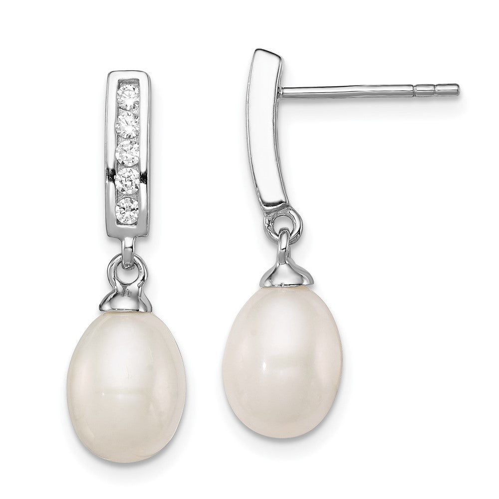 Polished;Post;Sterling silver;Freshwater cultured pearl;CZ;Dangle