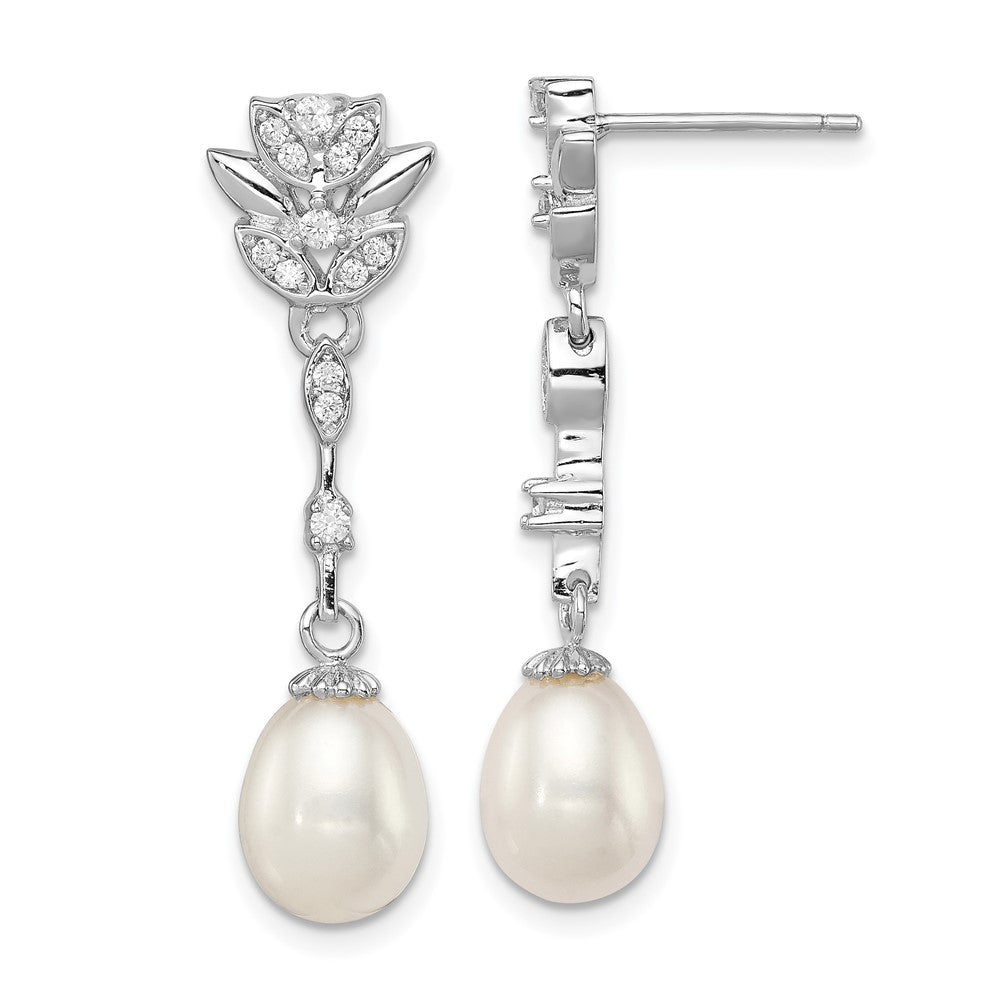 Polished;Post;Sterling silver;Freshwater cultured pearl;CZ;Dangle
