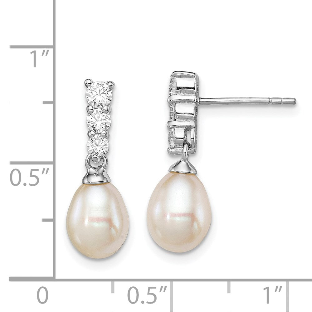Sterling Silver Rhod-plated 7-8mm White Teardrop Freshwater Cultured Pearl and CZ Post Dangle Earrings
