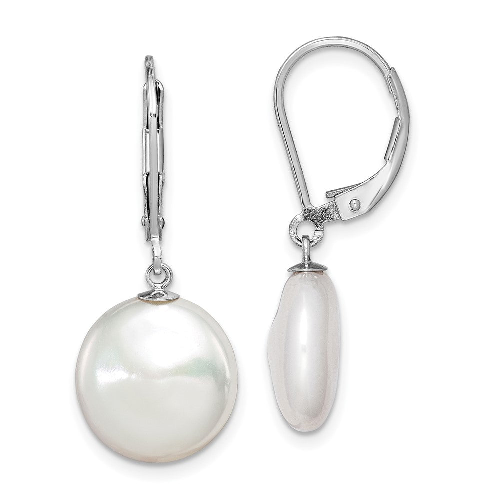 Polished;Leverback;Sterling silver;Freshwater cultured pearl;Coin pearl