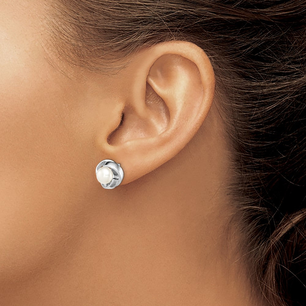 Sterling Silver Rhodium-plated 6-7mm White Button Freshwater Cultured Pearl Knot Post Earrings