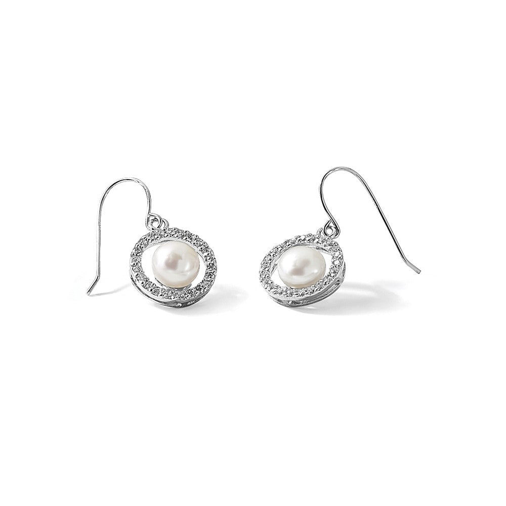 Sterling Silver Rhodium-plated 7-8mm White Button Freshwater Cultured Pearl and CZ Dangle Earrings