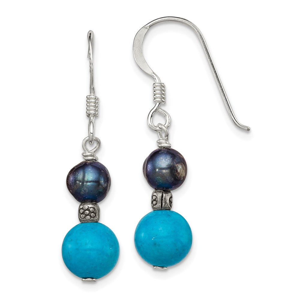 Sterling silver;Dyed;Freshwater cultured pearl;Turquoise;Shepherd hook;Dangle