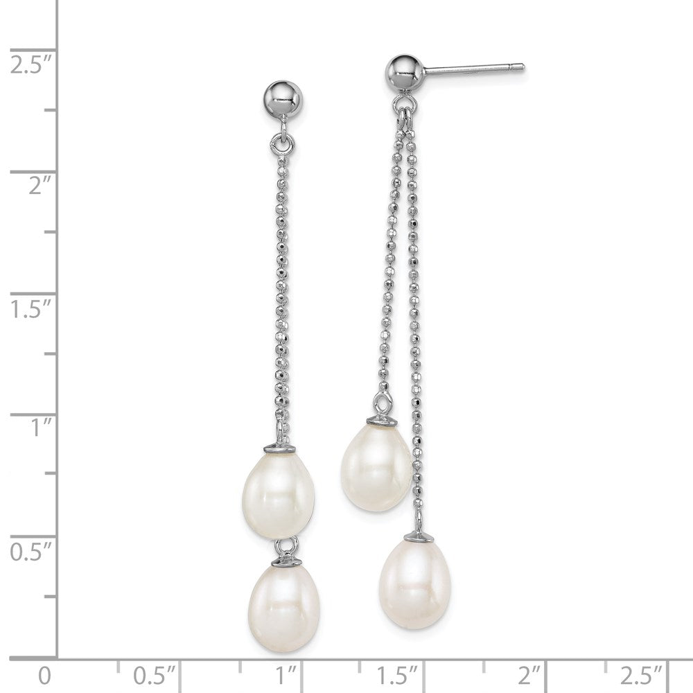 Sterling Silver Rhodium-plated 7-8mm White Rice Freshwater Cultured Pearl Post Dangle Earrings