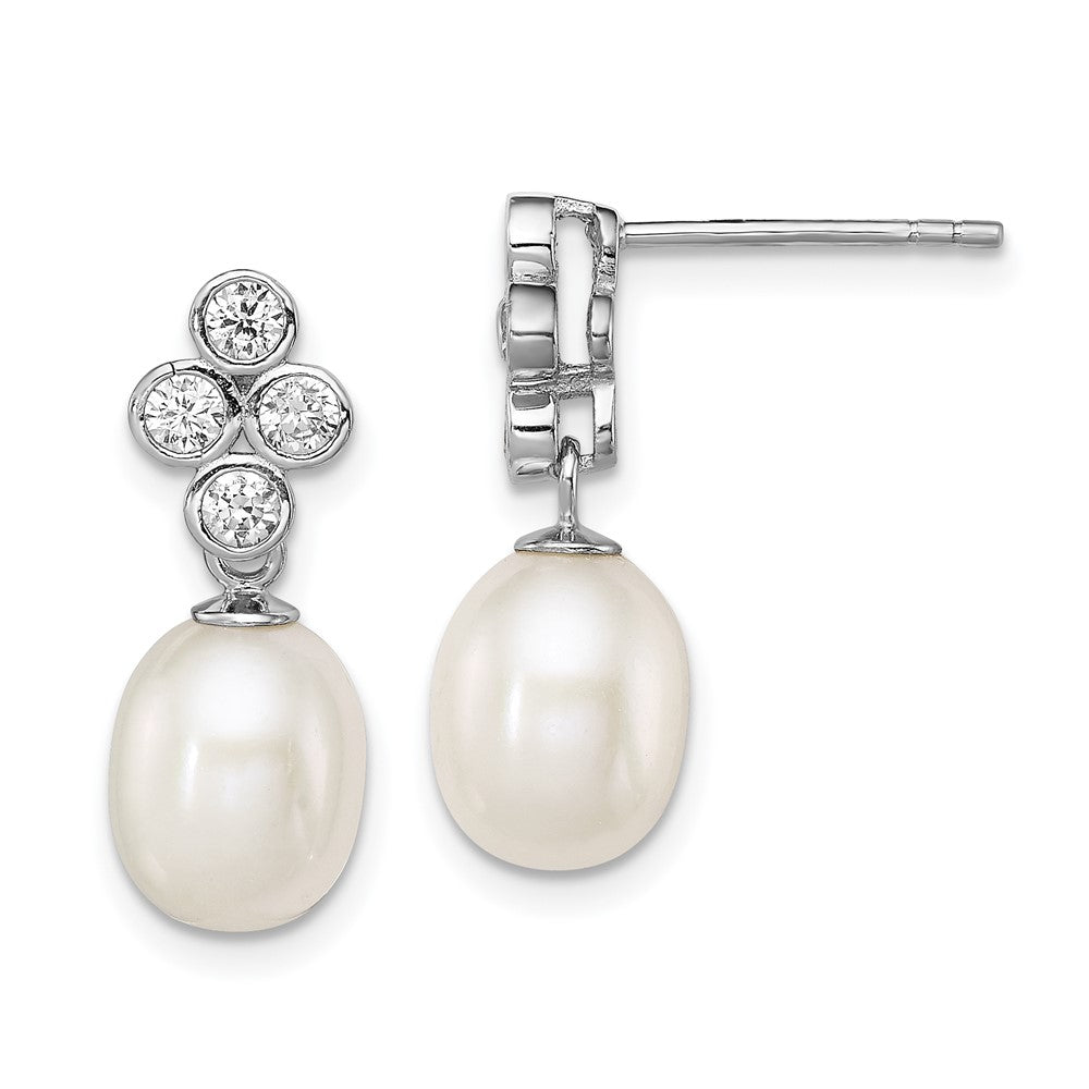 Polished;Post;Sterling silver;Freshwater cultured pearl;CZ;Dangle