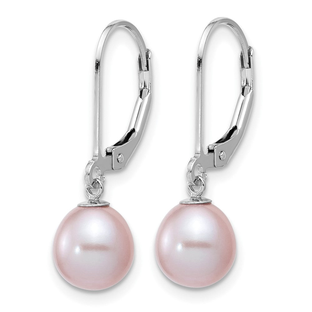 Sterling Silver Rhodium-plated 7-8mm Purple Teardrop Freshwater Cultured Pearl Leverback Dangle Earrings