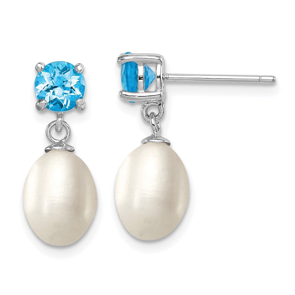 Polished;Post;Sterling silver;Blue topaz;Freshwater cultured pearl;Dangle
