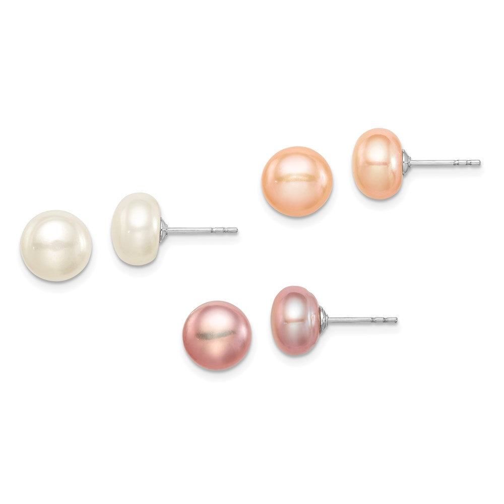 Polished;Post;Sterling silver;Freshwater cultured pearl;Set of 3