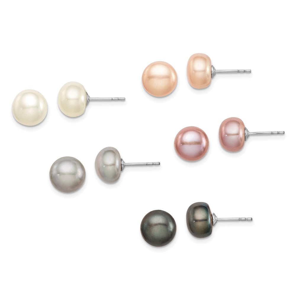Polished;Post;Sterling silver;Freshwater cultured pearl;Set of 5