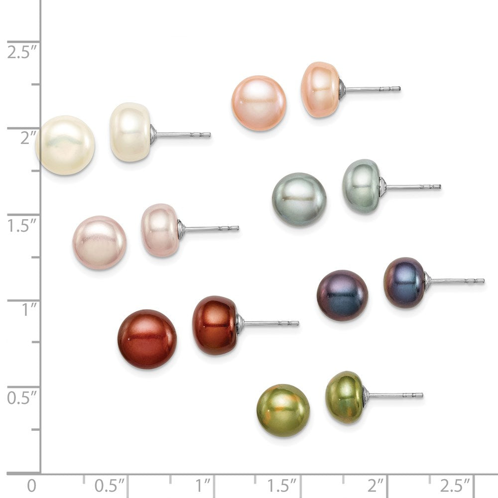 Sterling Silver Rhodium-plated 8-9mm Multi-color Button Freshwater Cultured Pearl Set of 7 Post Earrings