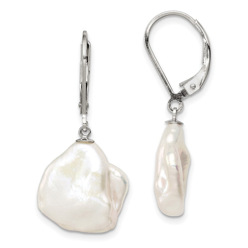 Leverback;Sterling silver;Freshwater cultured pearl;Dangle;Rhodium-plated;Keshi