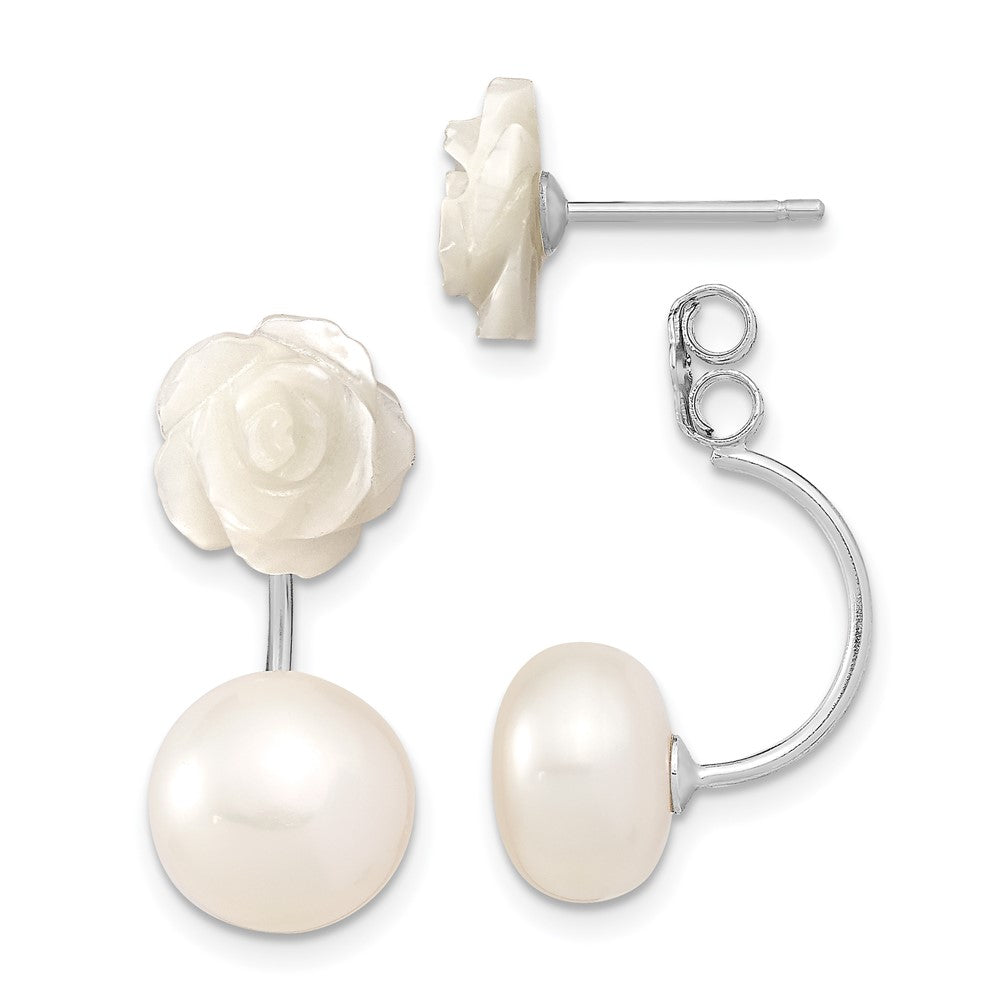 Post;Sterling silver;Freshwater cultured pearl;Mother of pearl;Dangle;Rhodium-plated;Button