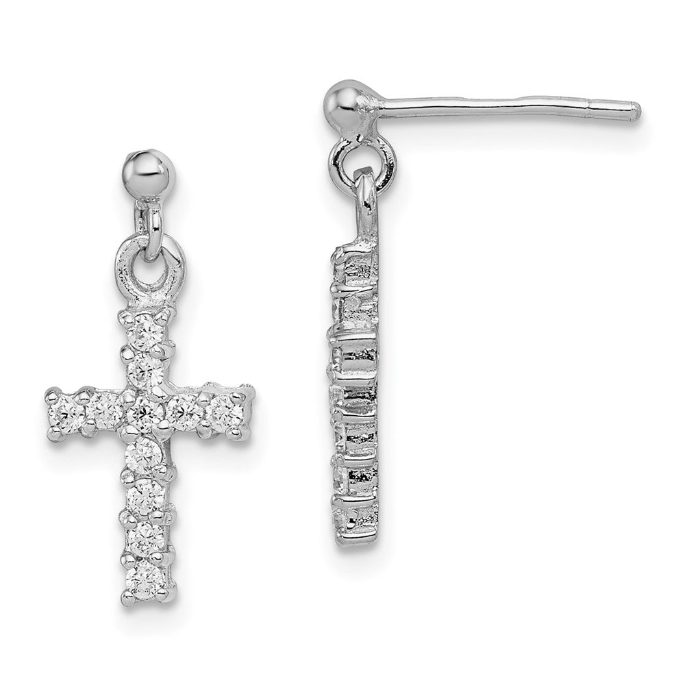 Polished;Post;Sterling silver;CZ;Dangle;Cross
