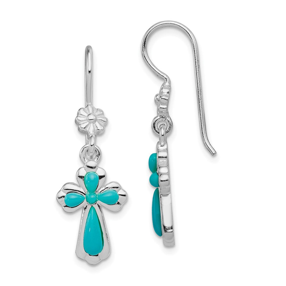 Polished;Sterling silver;Shepherd hook;Cross;Imitation turquoise