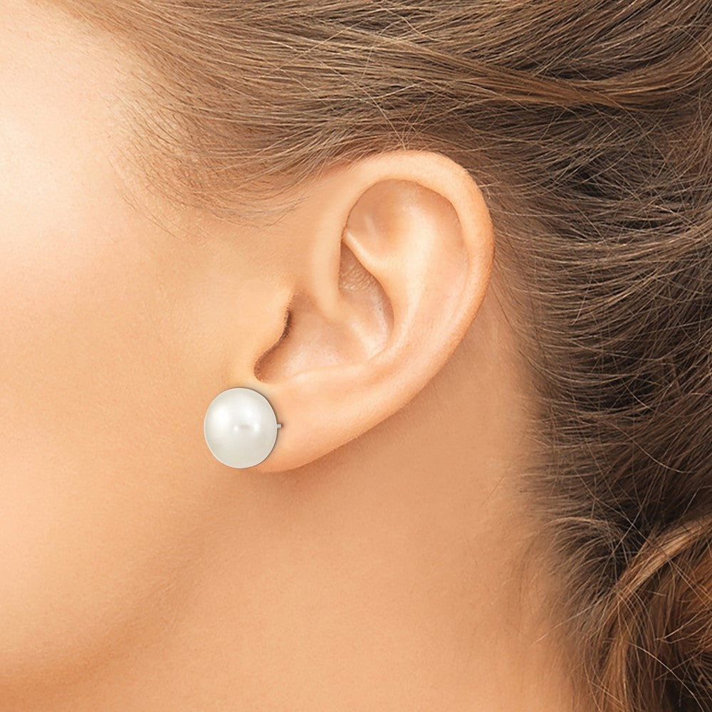 Sterling Silver Rhodium-plated 13-14mm White Button Freshwater Cultured Pearl Post Earrings