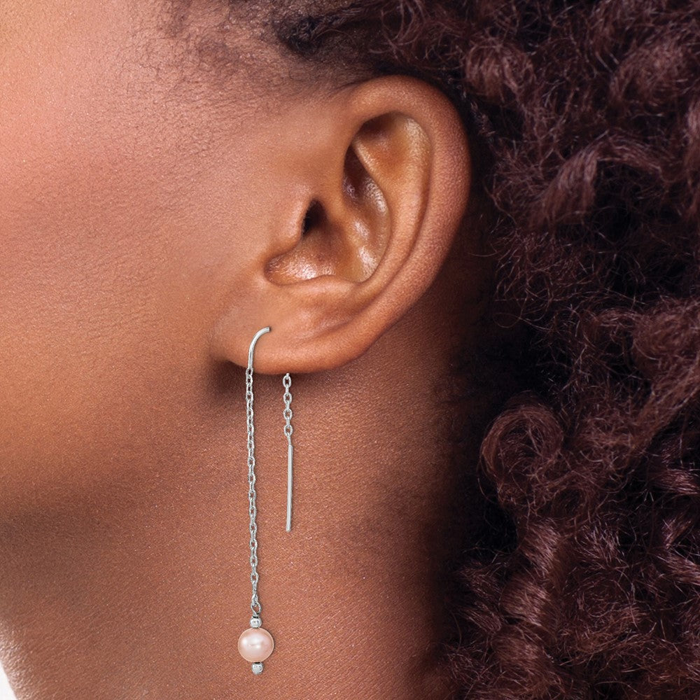 Sterling Silver Rhodium-plated 6-7mm Pink Semi-Round Freshwater Cultured Pearl Threader Earrings