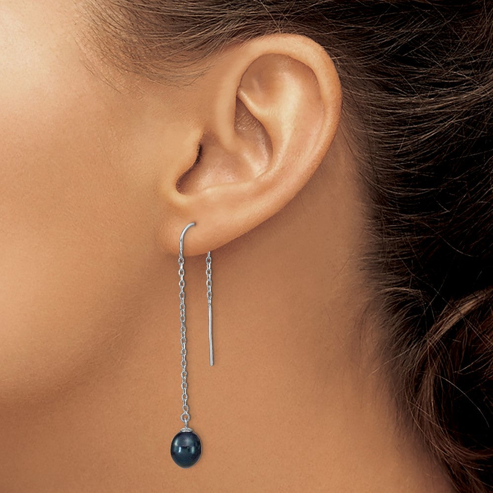Sterling Silver Rhodium-plated 7-8mm Black Teardrop Freshwater Cultured Pearl Threader Earrings