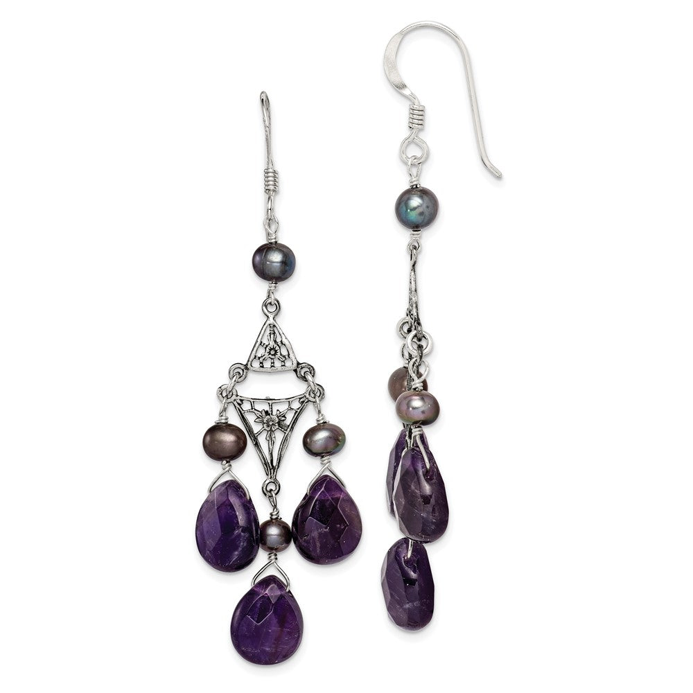 Antique finish;Genuine;Sterling silver;Amethyst;Freshwater cultured pearl;Shepherd hook;Dangle