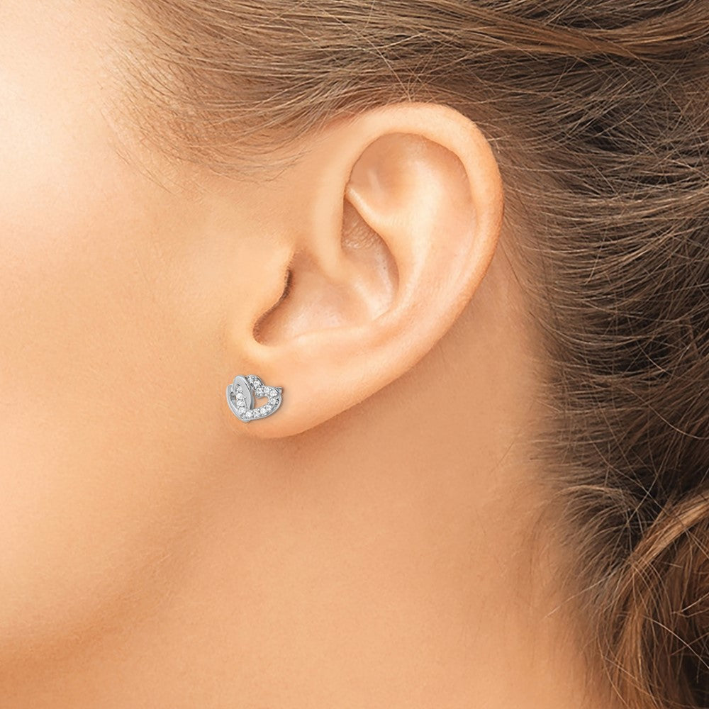 Sterling Silver RH-plated Polished w/CZ Double Heart Post Earrings