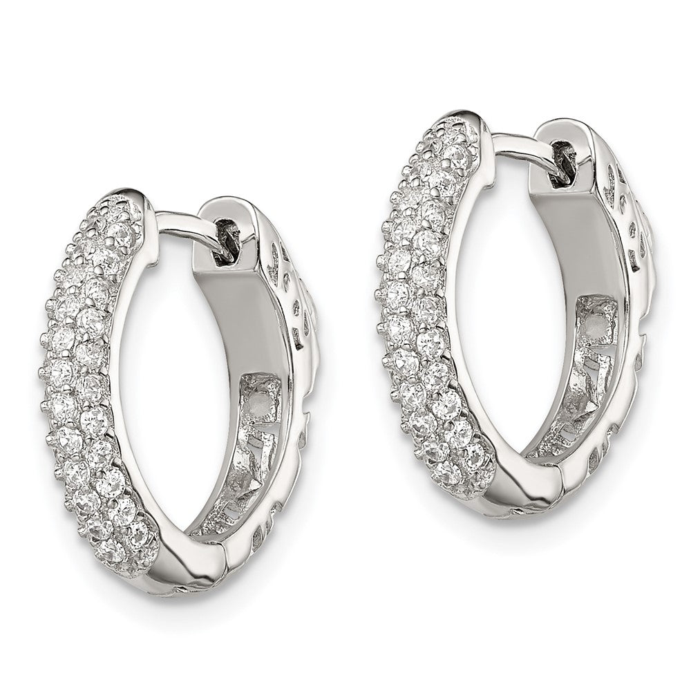 Sterling Silver Rhod-plated Pav CZ Safety Lock Hinged Hoop Earrings