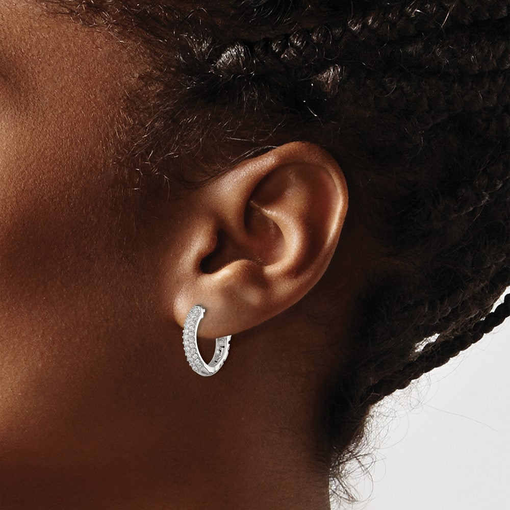 Sterling Silver Rhod-plated Pav CZ Safety Lock Hinged Hoop Earrings