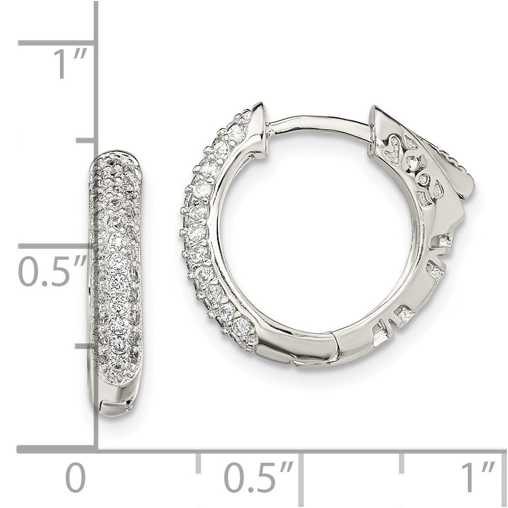 Sterling Silver Rhod-plated Pav CZ Safety Lock Hinged Hoop Earrings