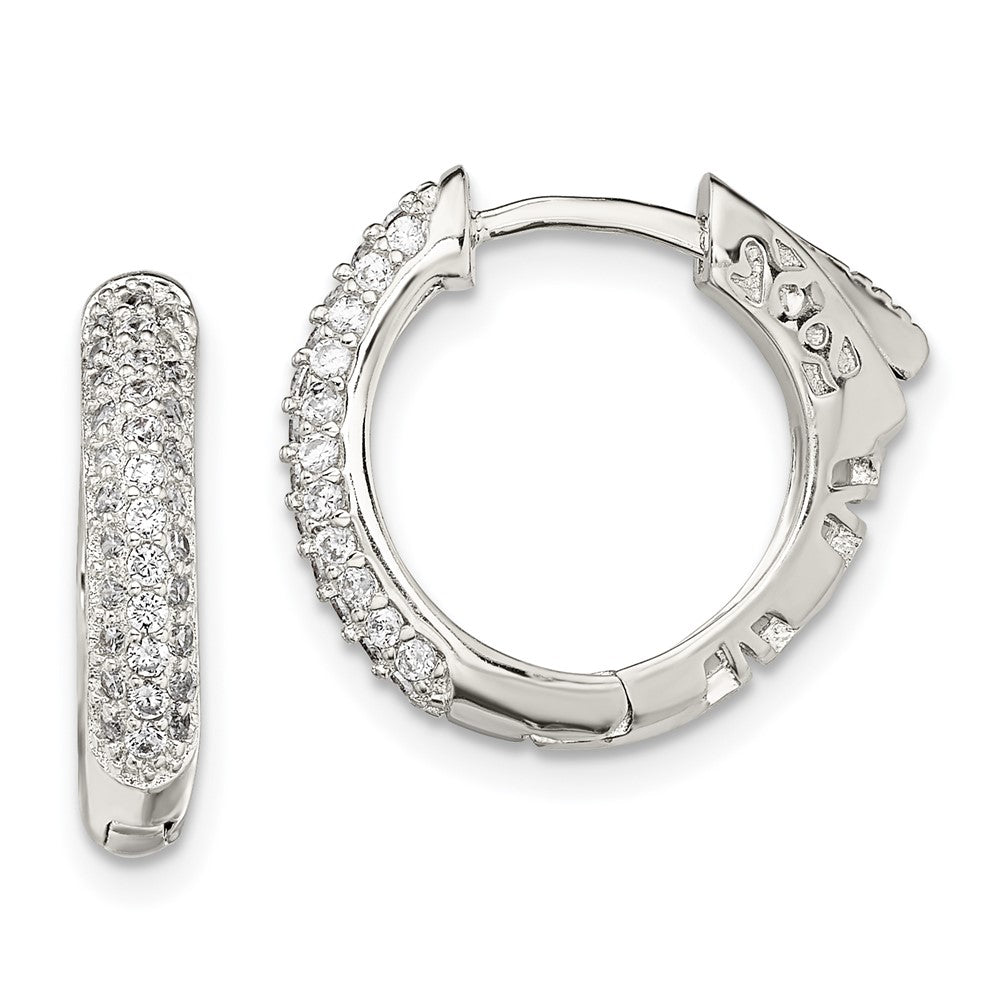 Sterling Silver Rhod-plated Pav CZ Safety Lock Hinged Hoop Earrings