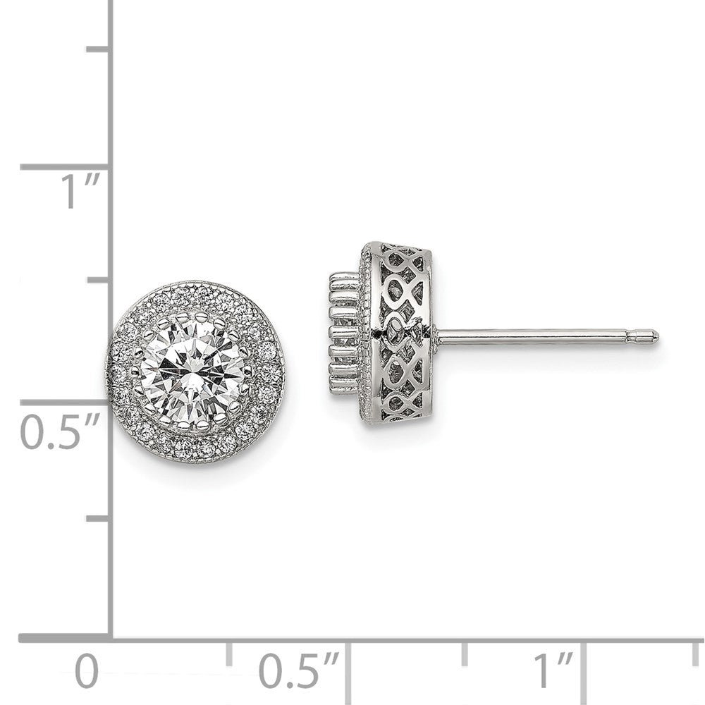 Sterling Silver Rhod-plated Polished Pav CZ Halo Round Post Earrings