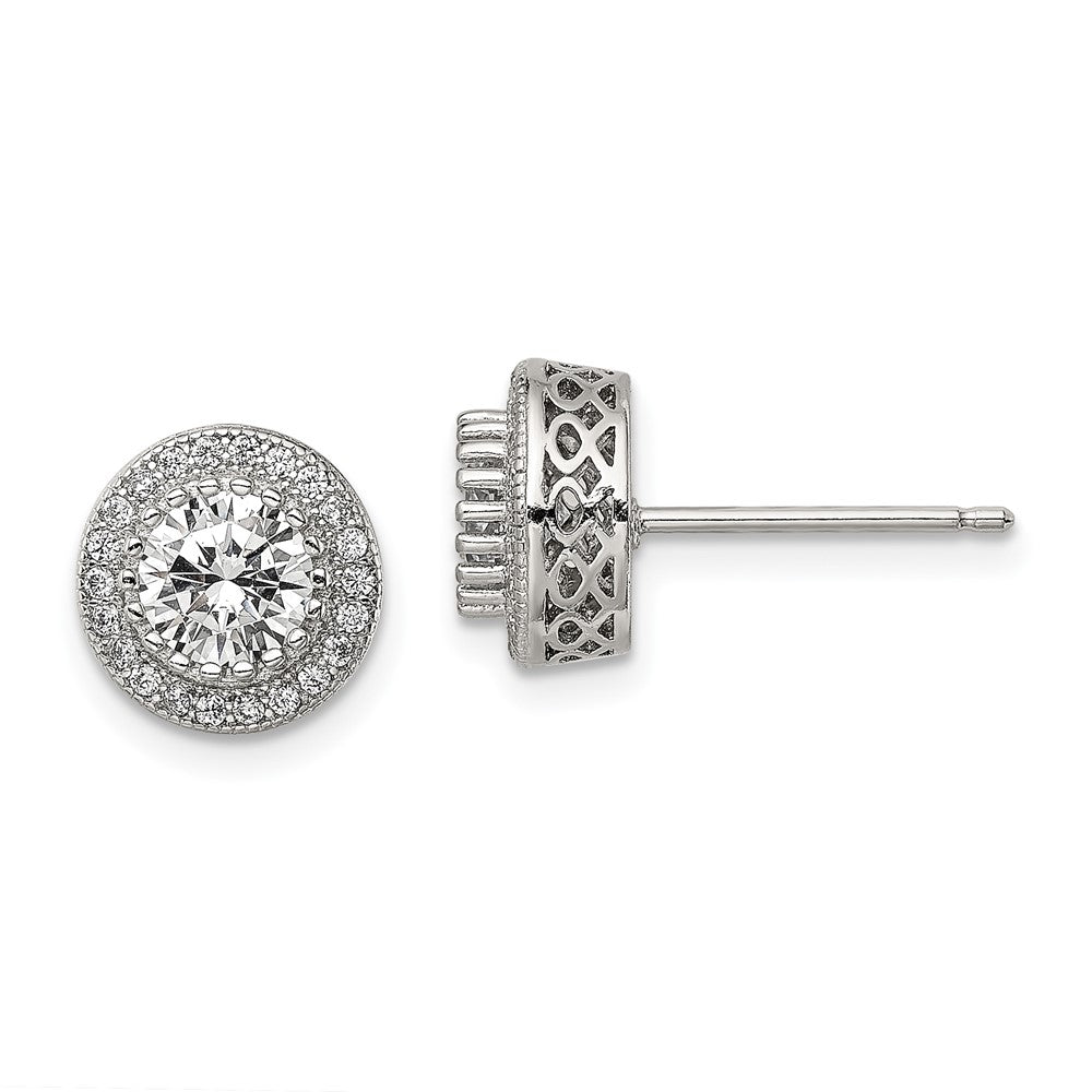 Sterling Silver Rhod-plated Polished Pav CZ Halo Round Post Earrings