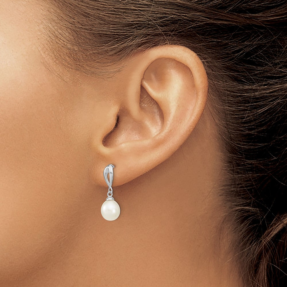 Sterling Silver Rhodium-plated 7-8mm White Rice Freshwater Cultured Pearl Post Dangle Earrings
