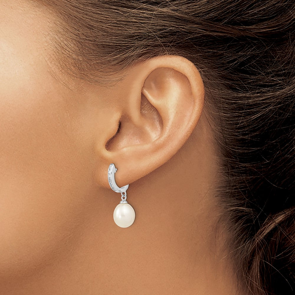 Sterling Silver Rhodium-plated 8-9mm White Rice Freshwater Cultured Pearl and CZ Dangle Hoop Earrings