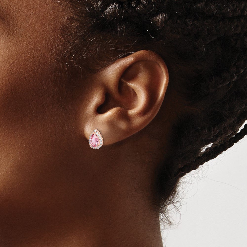 Sterling Silver Rose-tone Post CZ and Pear Teardrop Pink Crystal Earrings