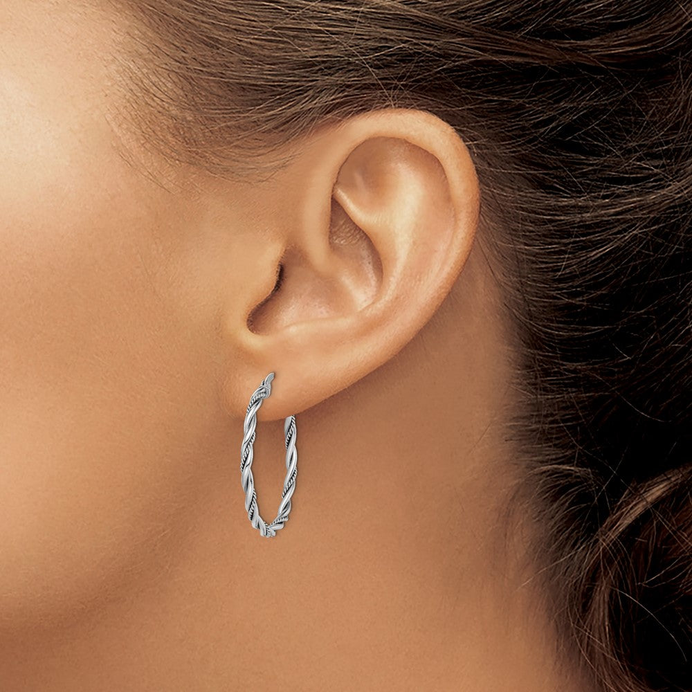 Sterling Silver Rhodium-plated Antiqued 2x30mm Twisted Hoop Earrings