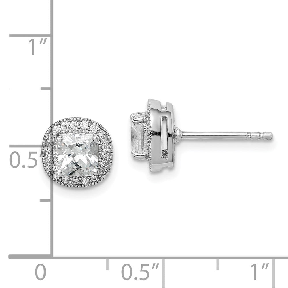 Sterling Silver RH-plated Polished & Textured 5mm CZ Halo Post Earrings