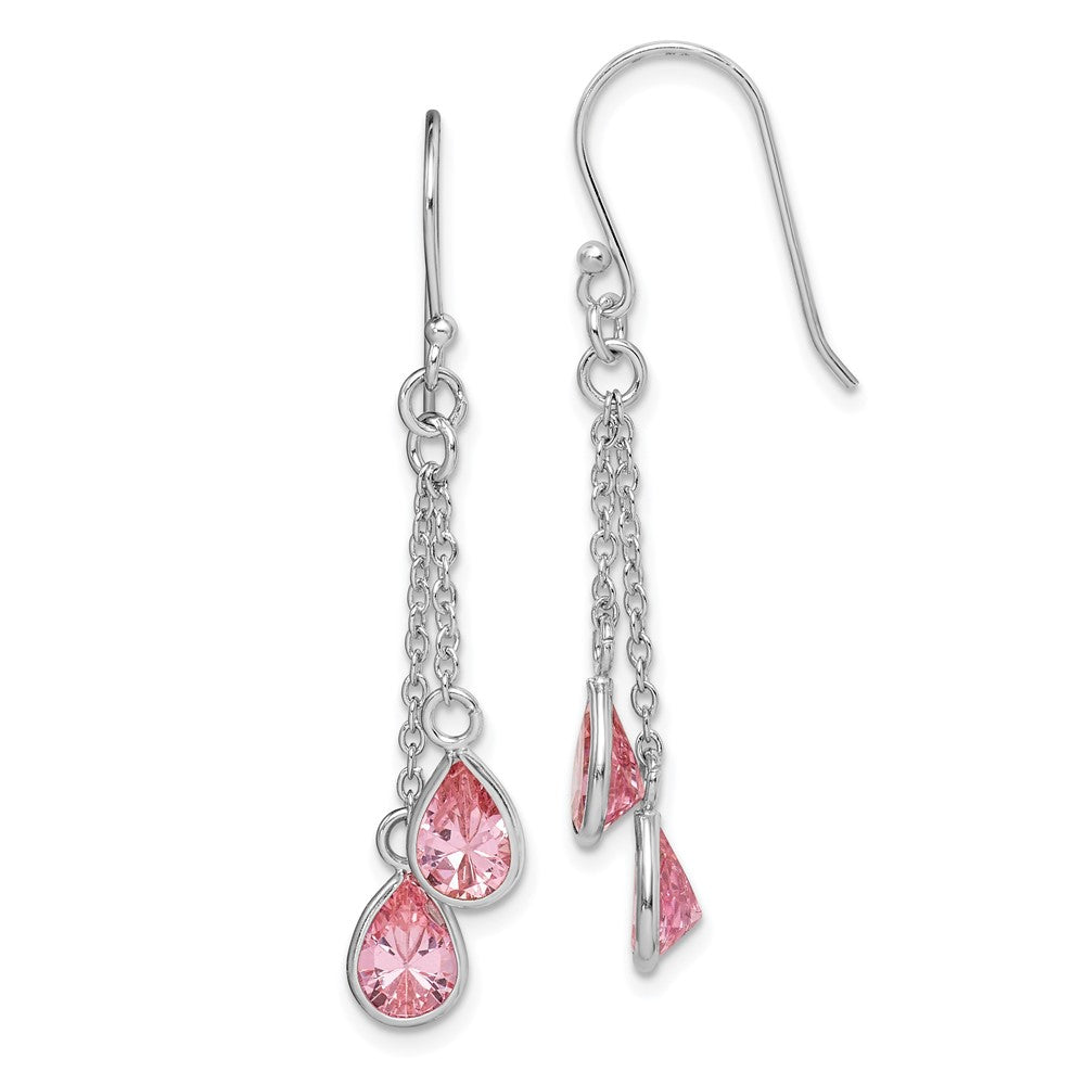 Sterling Silver RH-plated Multi-Strand Pink CZ Teardrop Dangle Earrings