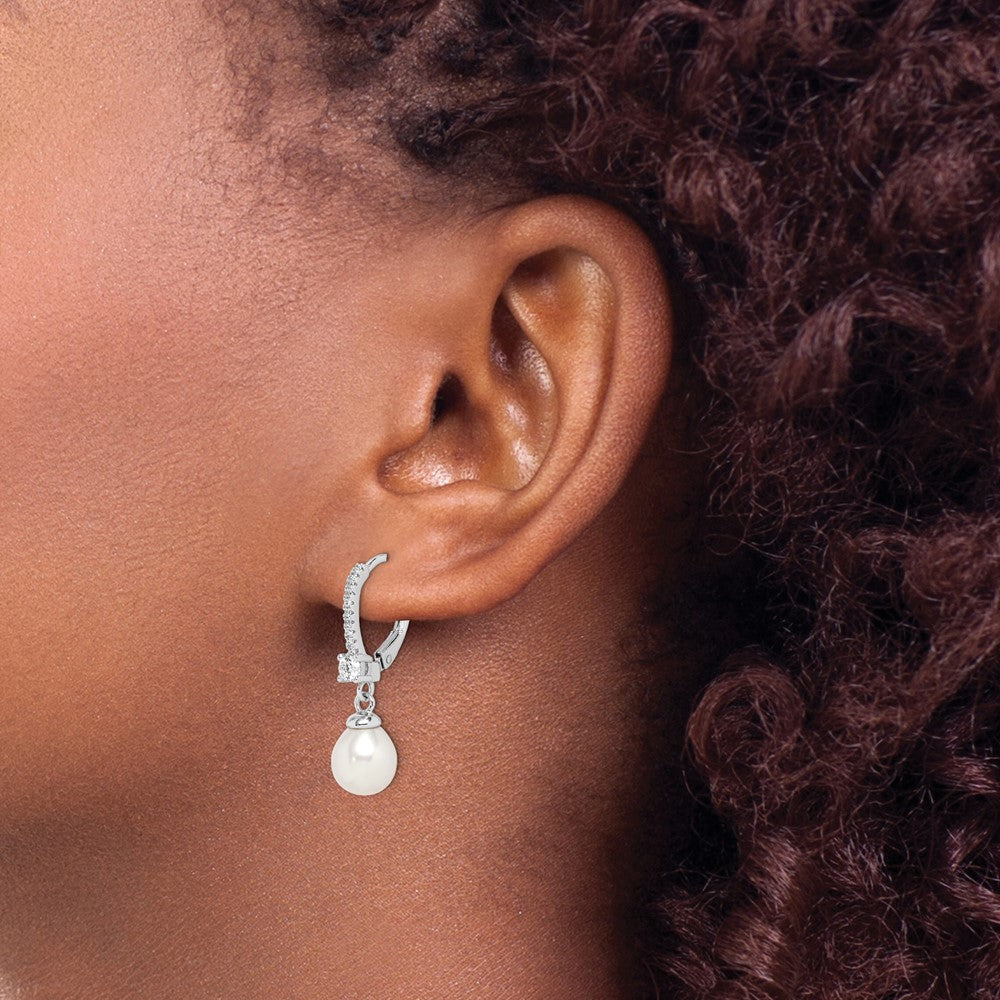 Sterling Silver Rhodium-plated 7-8mm White Teardrop Freshwater Cultured Pearl and CZ Leverback Dangle Earrings