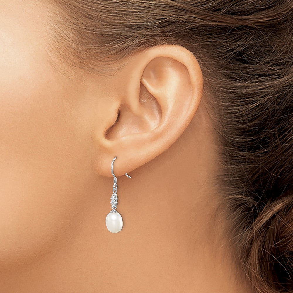 Sterling Silver Rhodium-plated 7-8mm White Teardrop Freshwater Cultured Pearl and CZ Dangle Earrings