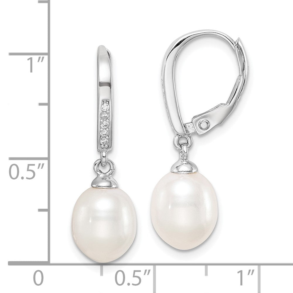 Sterling Silver Rhodium-plated 7-8mm White Teardrop Freshwater Cultured Pearl and CZ Leverback Dangle Earrings