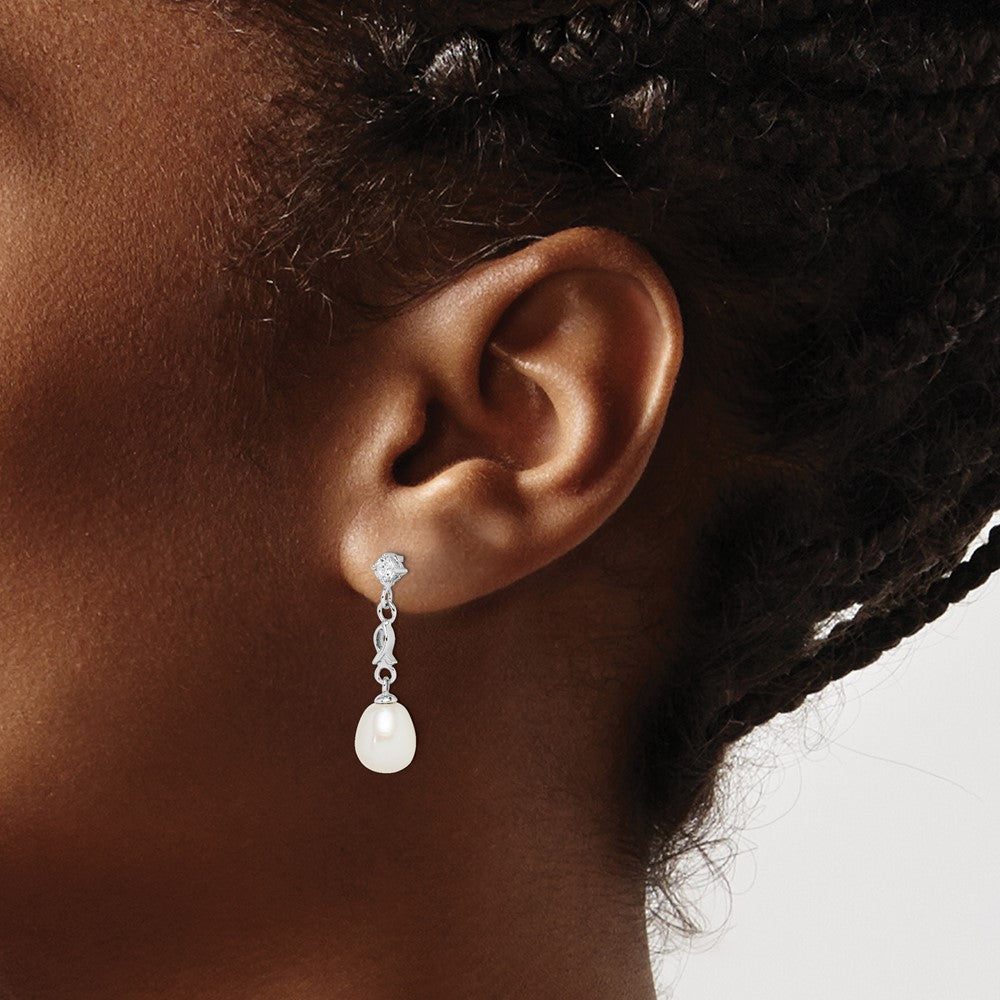 Sterling Silver Rhodium-plated 7-8mm White Rice Freshwater Cultured Pearl and CZ Post Dangle Earrings