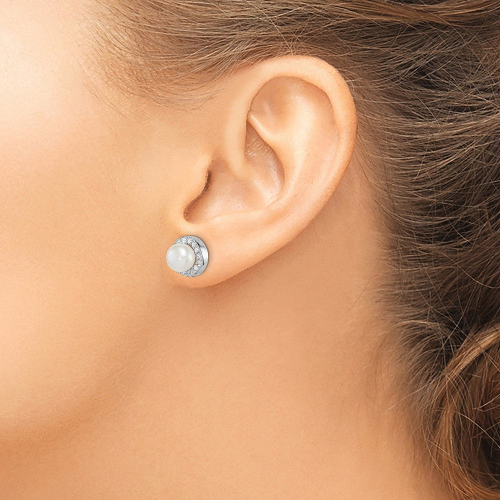 Sterling Silver Rhodium-plated 7-8mm White Button Freshwater Cultured Pearl and CZ Post Earrings