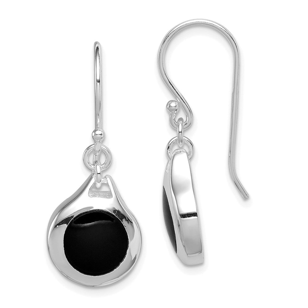 Solid;Casted;Polished;Open back;Genuine;Sterling silver;Shepherd hook;Dangle;Rhodium-plated;Black Onyx