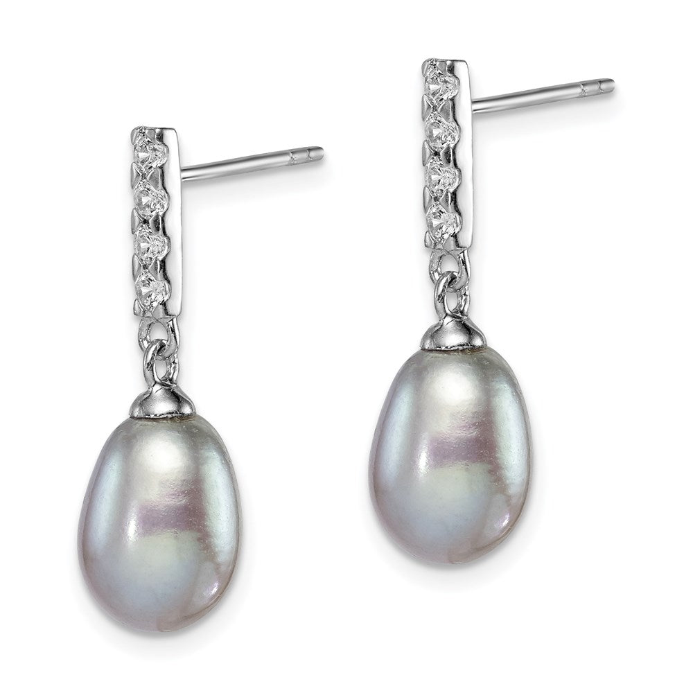 Sterling Silver Rhodium-plated 8-9mm Grey Teardrop Freshwater Cultured Pearl and CZ Post Dangle Earrings