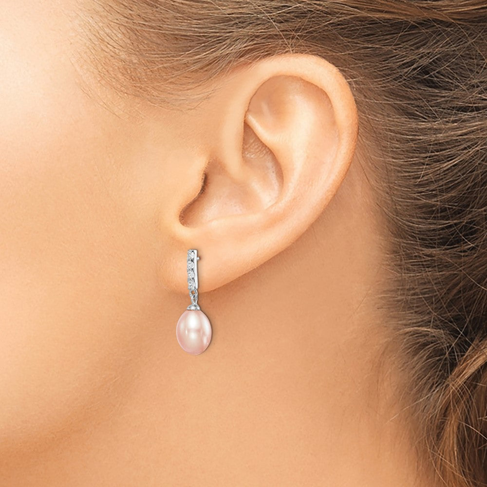 Sterling Silver Rhodium-plated 8-9mm Pink Teardrop Freshwater Cultured Pearl and CZ Post Dangle Earrings