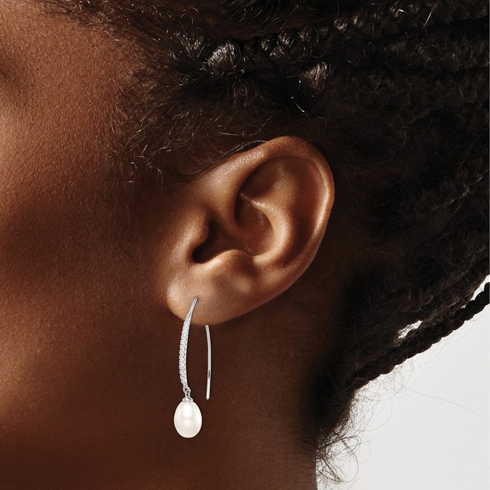 Sterling Silver Rhodium-plated 7-8mm White Teardrop Freshwater Cultured Pearl and CZ Threader Earrings