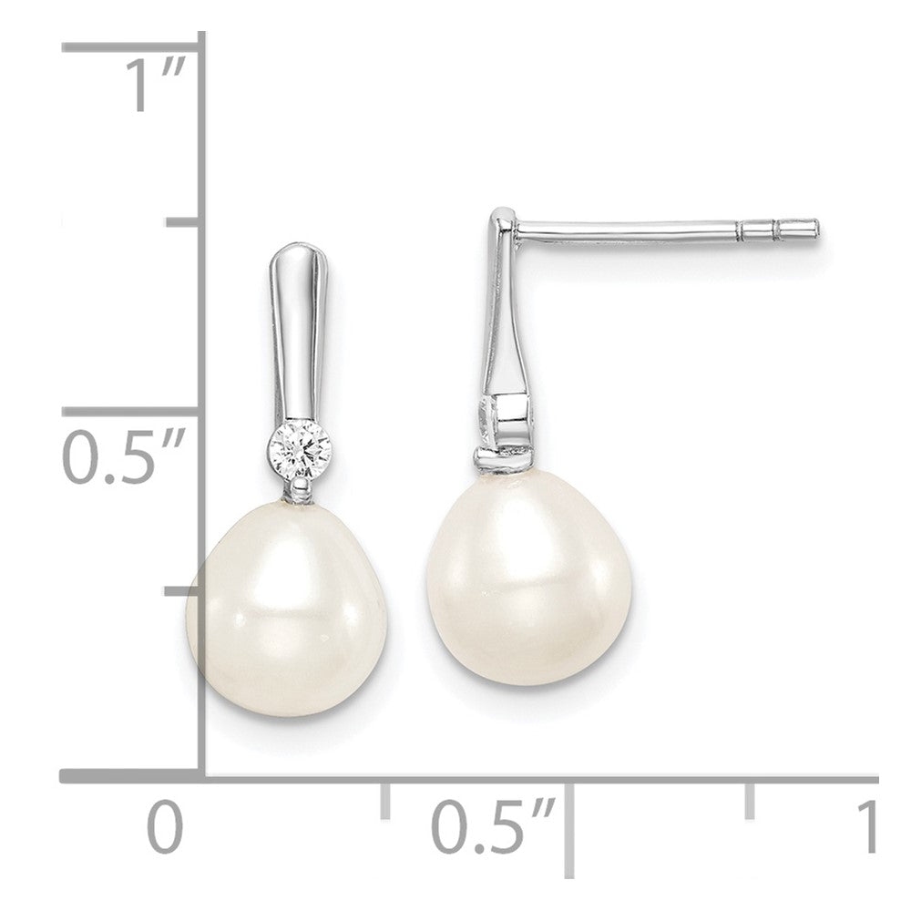 Sterling Silver Rhodium-plated 7-8mm White Rice Freshwater Cultured Pearl and CZ Post Dangle Earrings