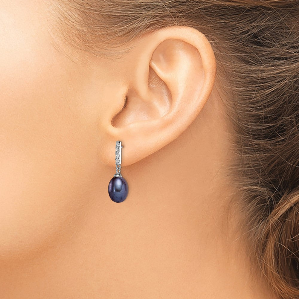 Sterling Silver Rhodium-plated 8-9mm Black Teardrop Freshwater Cultured Pearl and CZ Post Dangle Earrings