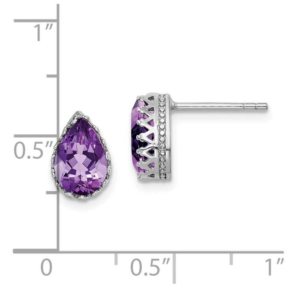 Sterling Silver Rhodium-plated 10mm Polished Pear Amethyst Post Earrings