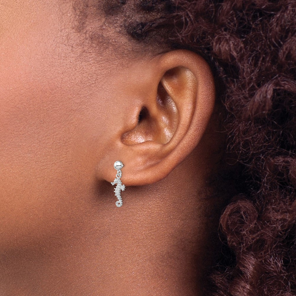 De-Ani Sterling Silver Rhodium-Plated 3D Mini Seahorse Dangle Post Earrings