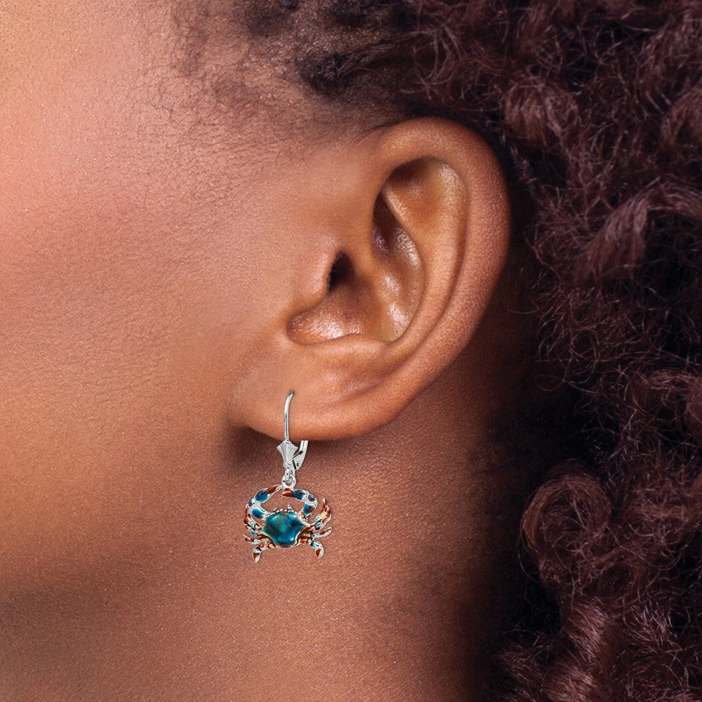 De-Ani Sterling Silver Rhodium-Plated Enameled Blue Crab Leverback Earrings