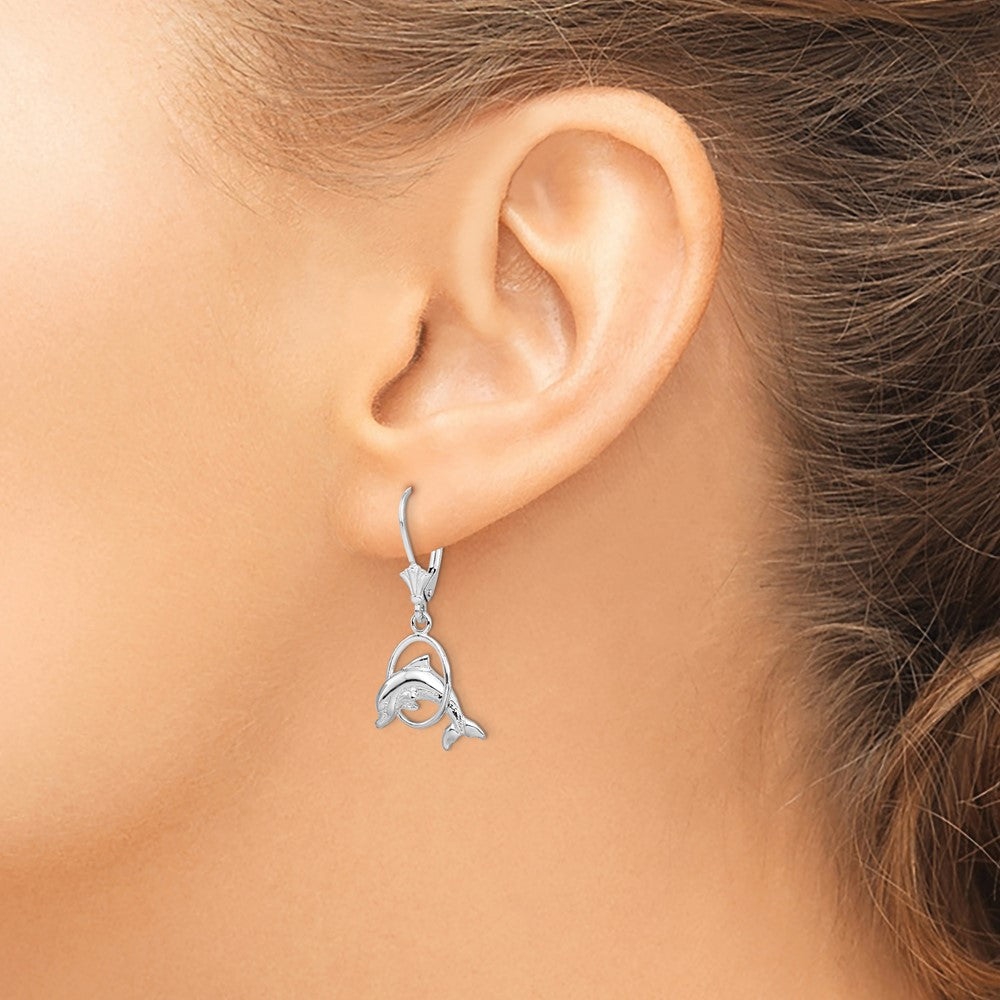 De-Ani Sterling Silver Rhodium-Plated Dolphin in Hoop Leverback Earrings